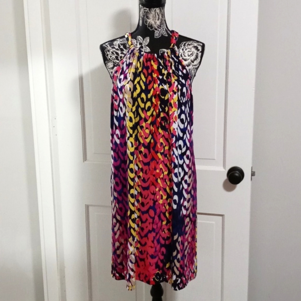 🌈Trina Turk🌈 - Juju Multicolor Geometric Print Halter Tie Knit Stretch Dress